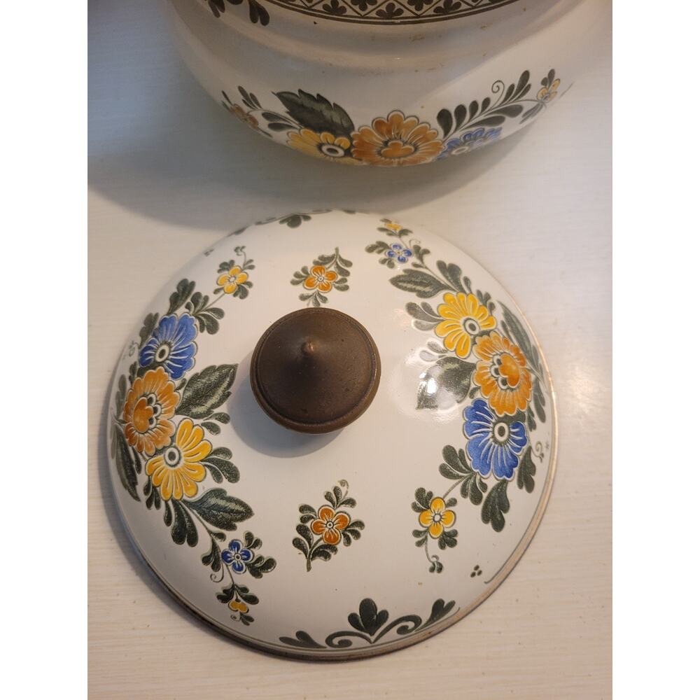 VTG 1960’s ASTA Enamelware Tea Kettle Teapot Brass Handles Floral West Germany - Picture 7 of 11